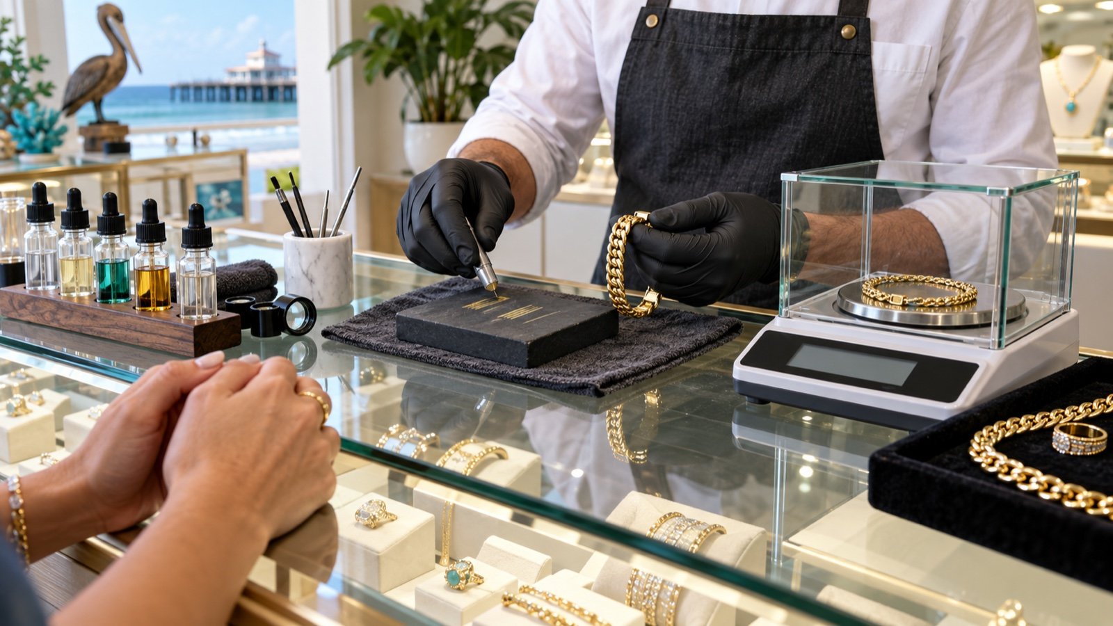 Illustrative transparent gold-testing and weighing process at a jewelry counter