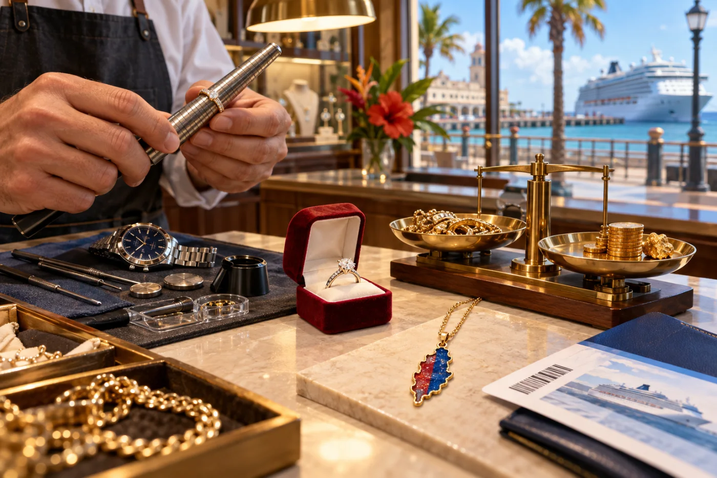 Watch battery replacement and jewelry service before a Galveston cruise