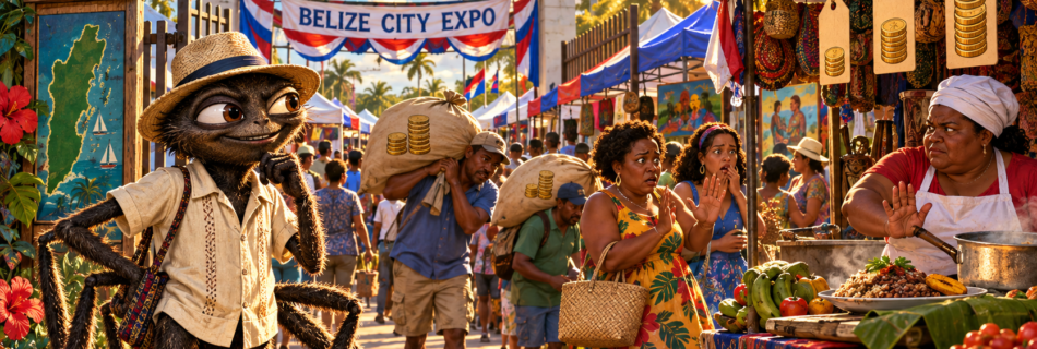 Anansi and the Expo Price Web: A Belize Marketplace Fable editorial illustration for Be Belize Company