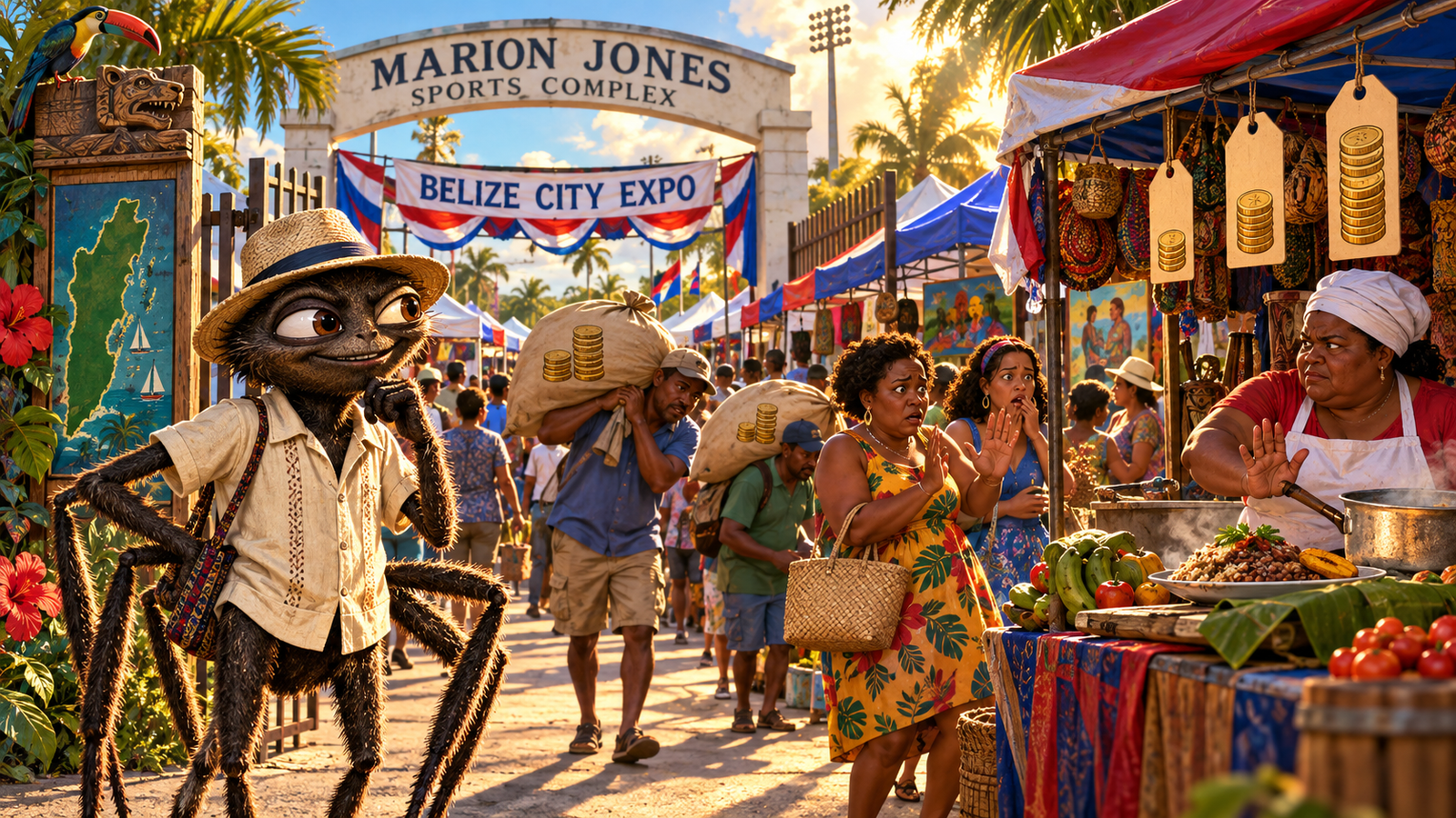Anansi and the Expo Price Web: A Belize Marketplace Fable editorial illustration for Be Belize Company