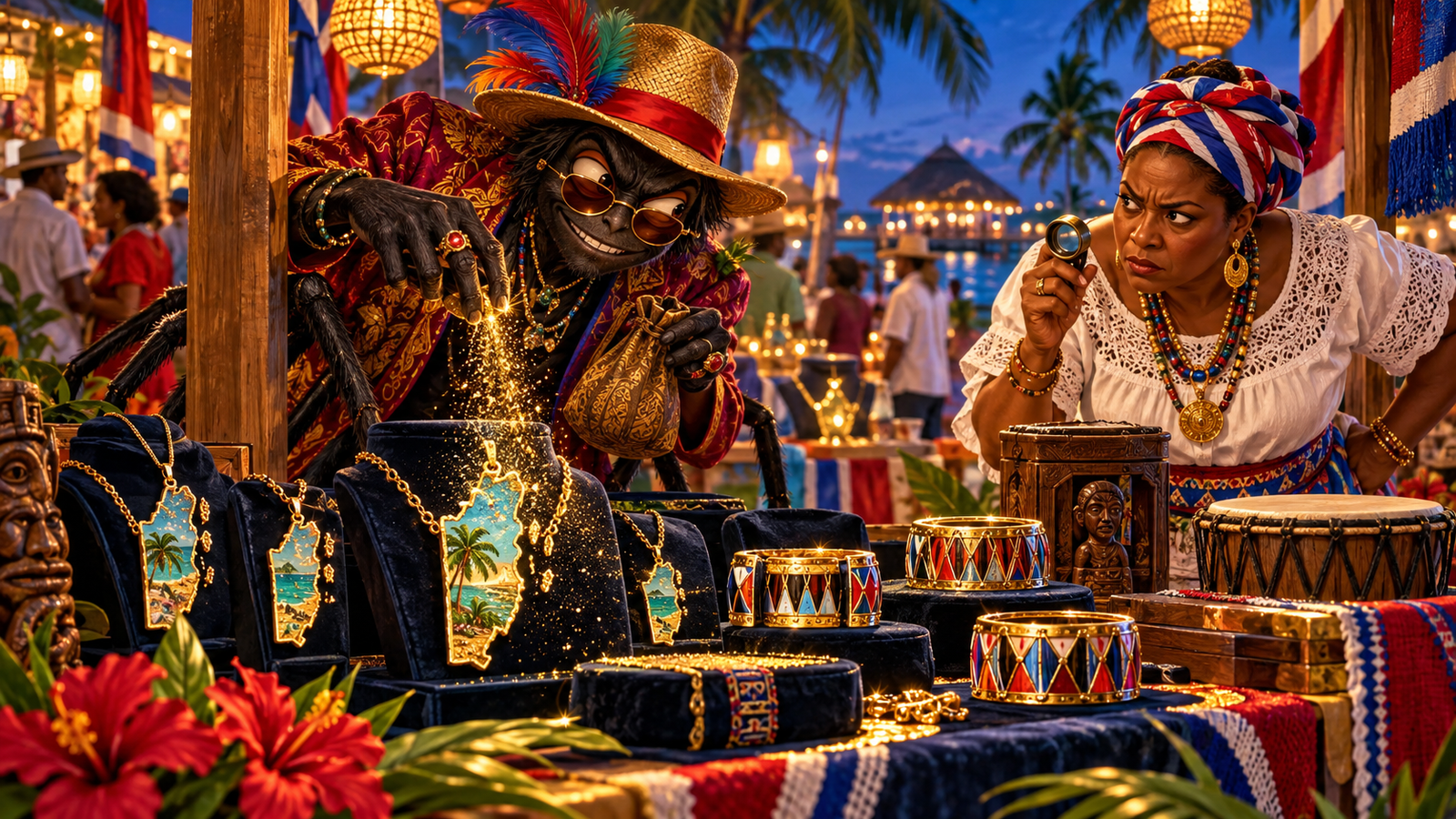 Anansi as Tony the Treasure Teller caught seasoning jewelry at a Belize marketplace booth